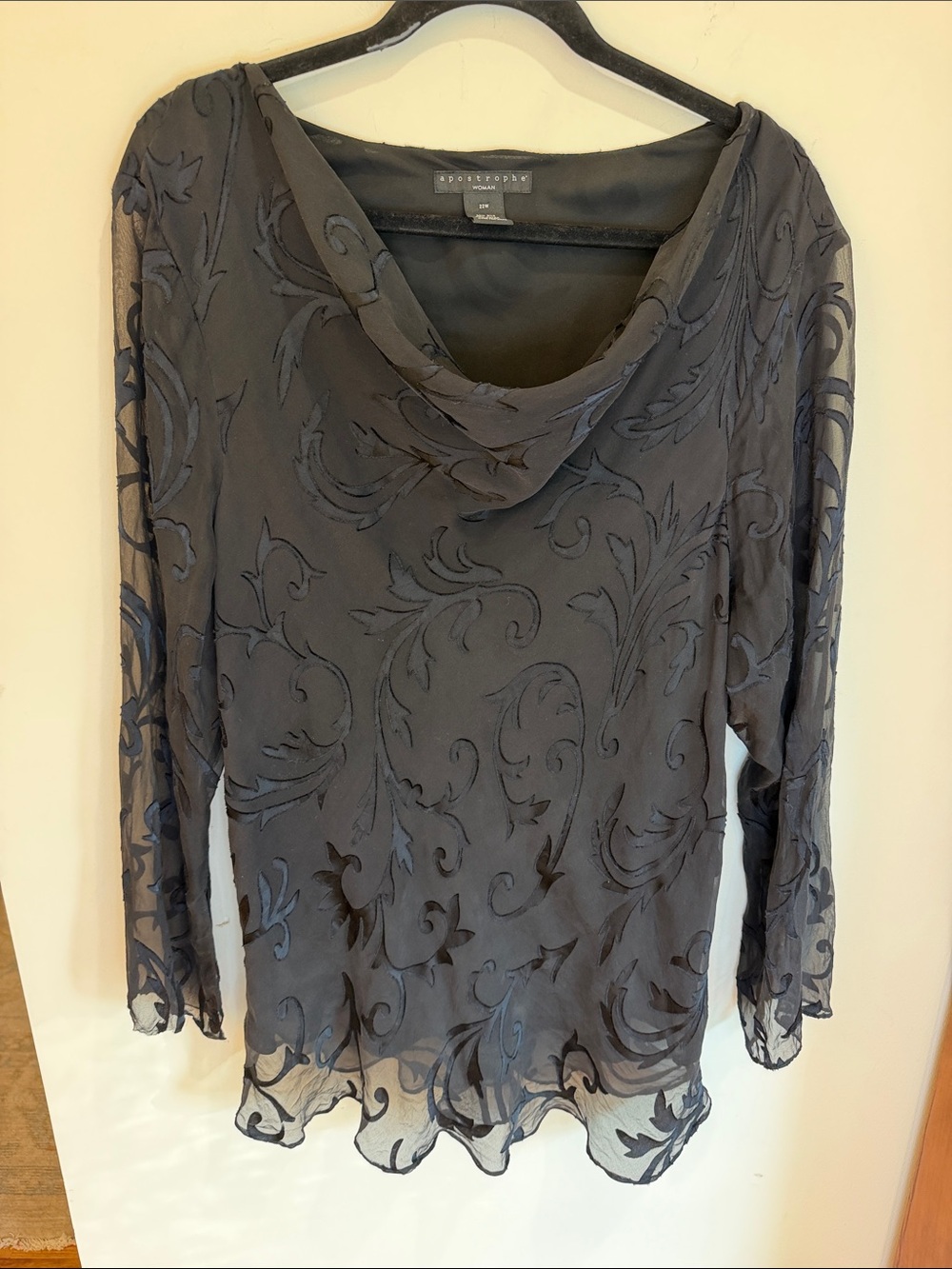 Apostrophe Woman 100% Silk Black Sheer Floral Burnout Cowl Neck Top, 22W